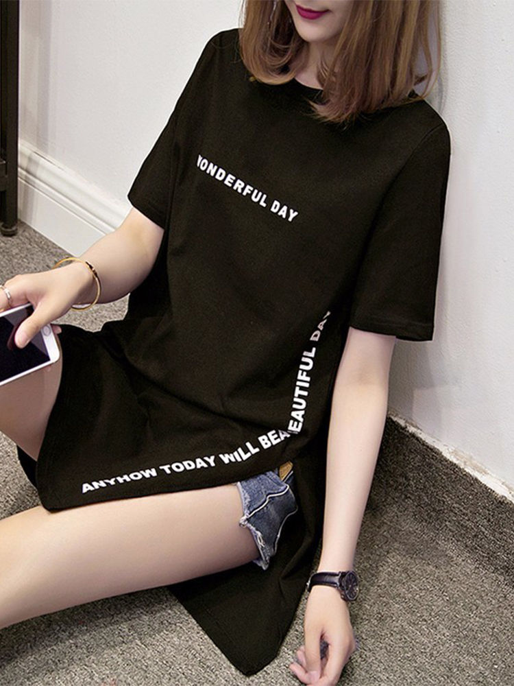 WONDERFUL DAY Print Long T shirts Summer Women Loose Slit Femme Tops Cotton Tshi