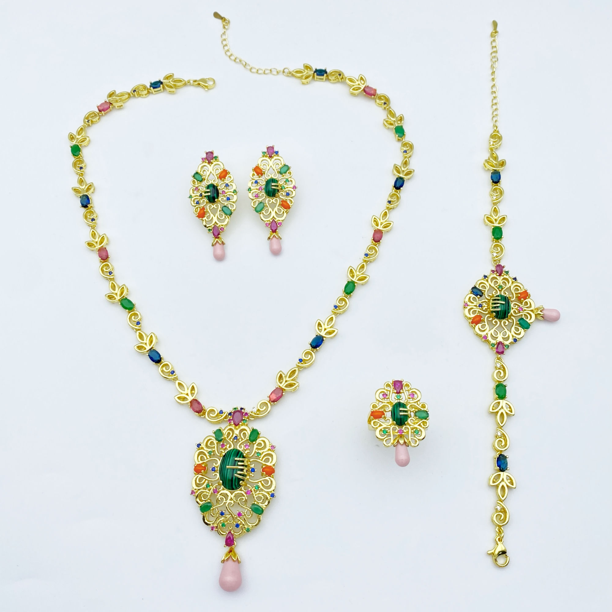 Falair Women Jewelry Set Gold Plated Copper with Colorful Zircon Necklace Earrin