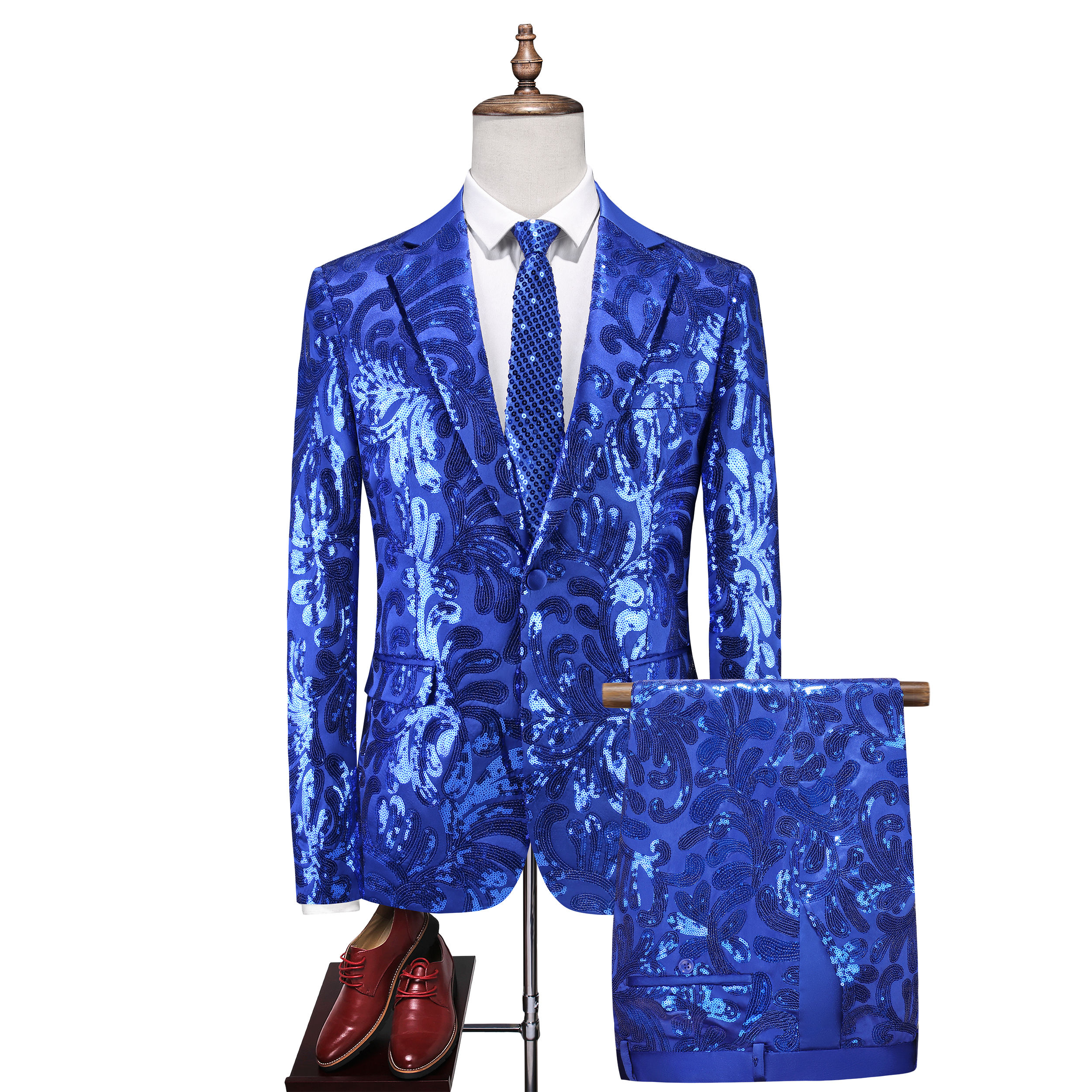 Red Men's Slim Fashion Sequin Suit Two Piece, Top + Pants, Available in Blue, Bl