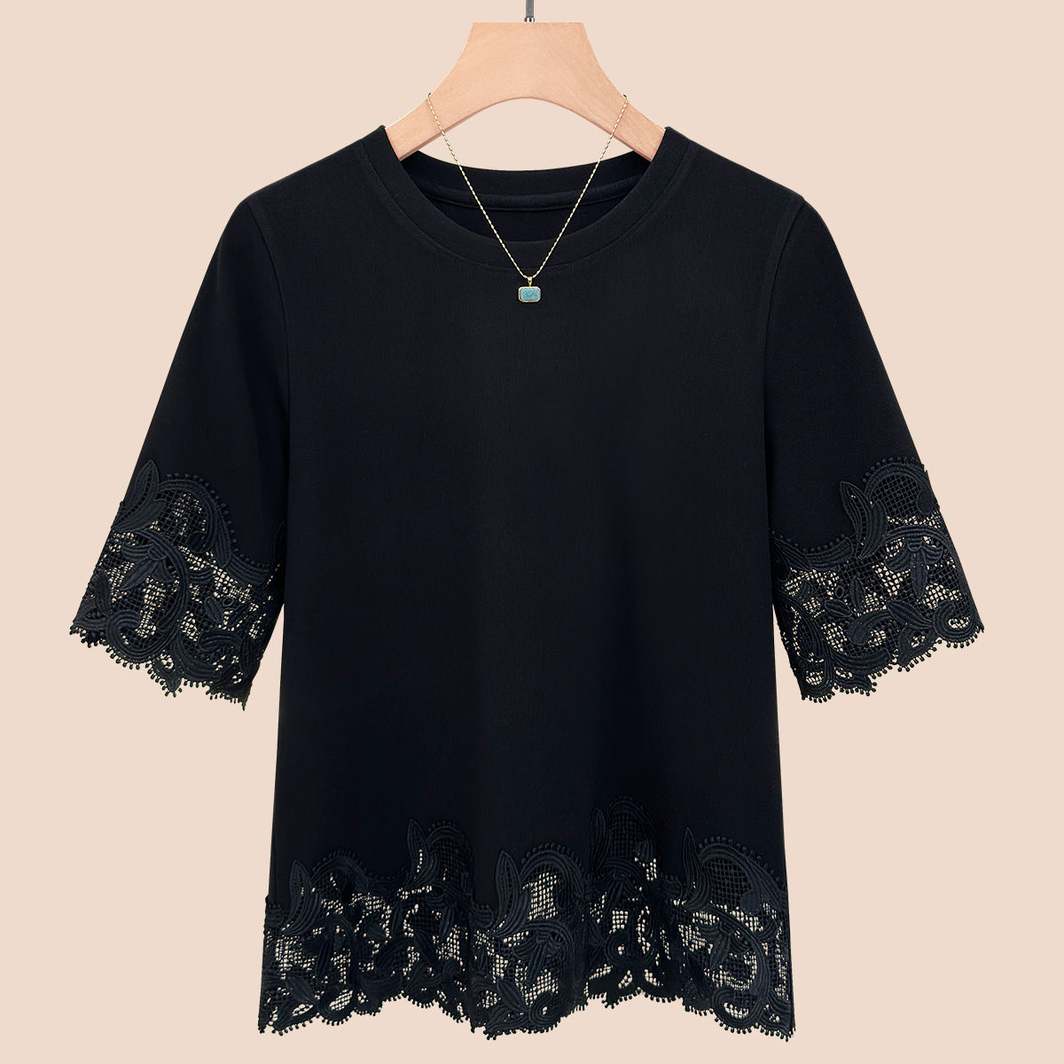 Women's Lace Trim Round Neck Short Sleeve T-Shirt 2025 Summer Slim Fit Casual Mi