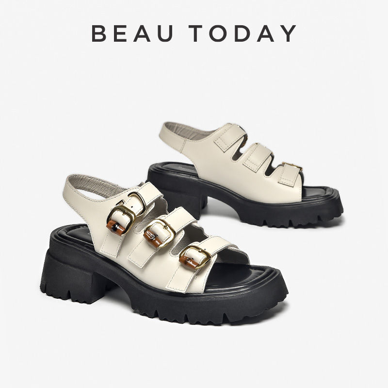 BEAUTODAY Gladiator Sandals Women Genuine Cow Leather Triple Buckle Straps Thick