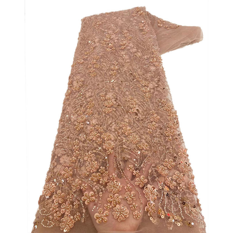 French Style Sequin Embroidered African Lace Fabric 1 Yard for Nigerian Wedding
