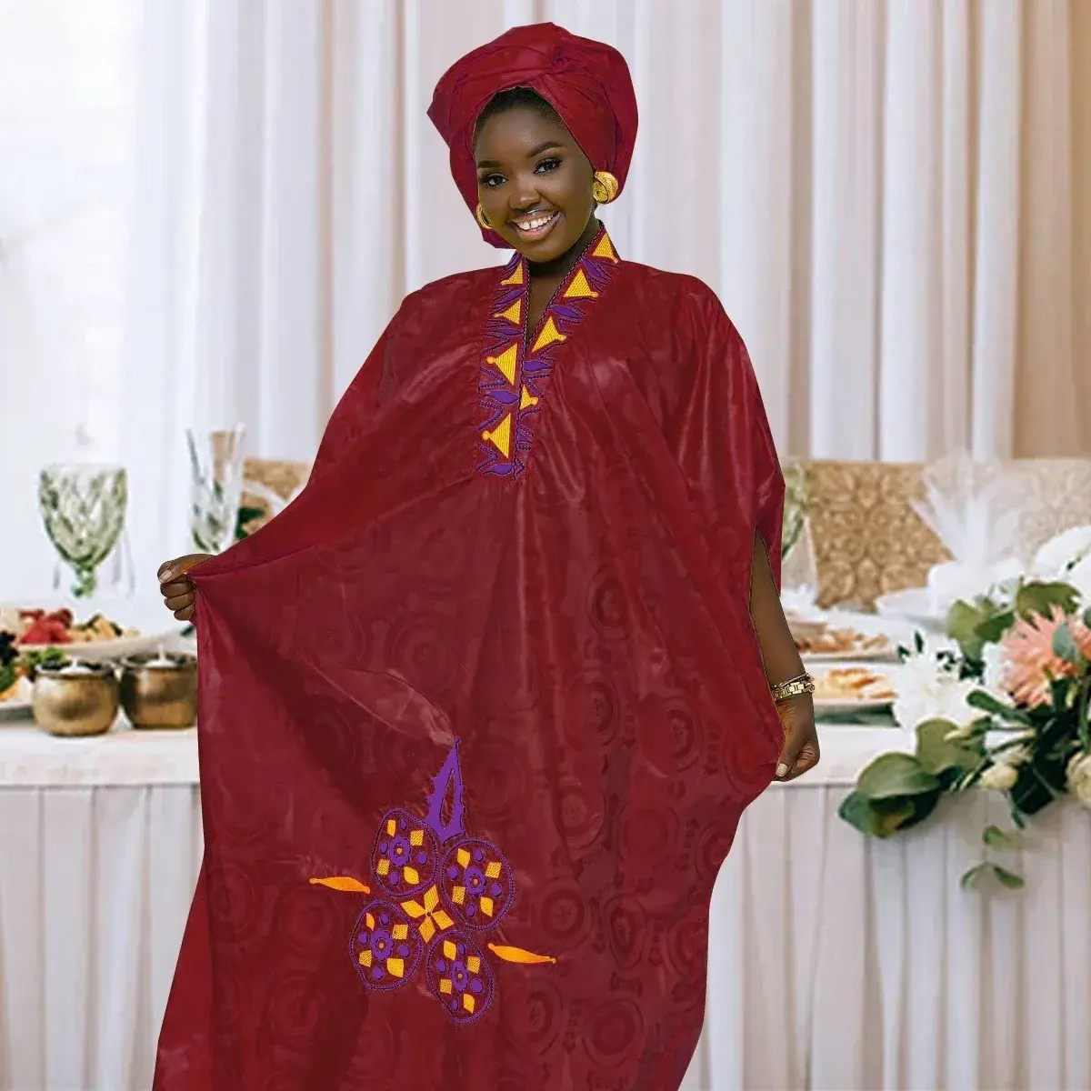 African Dress For Woman Bazin Riche Embroidery Design Floor Length Dress With S