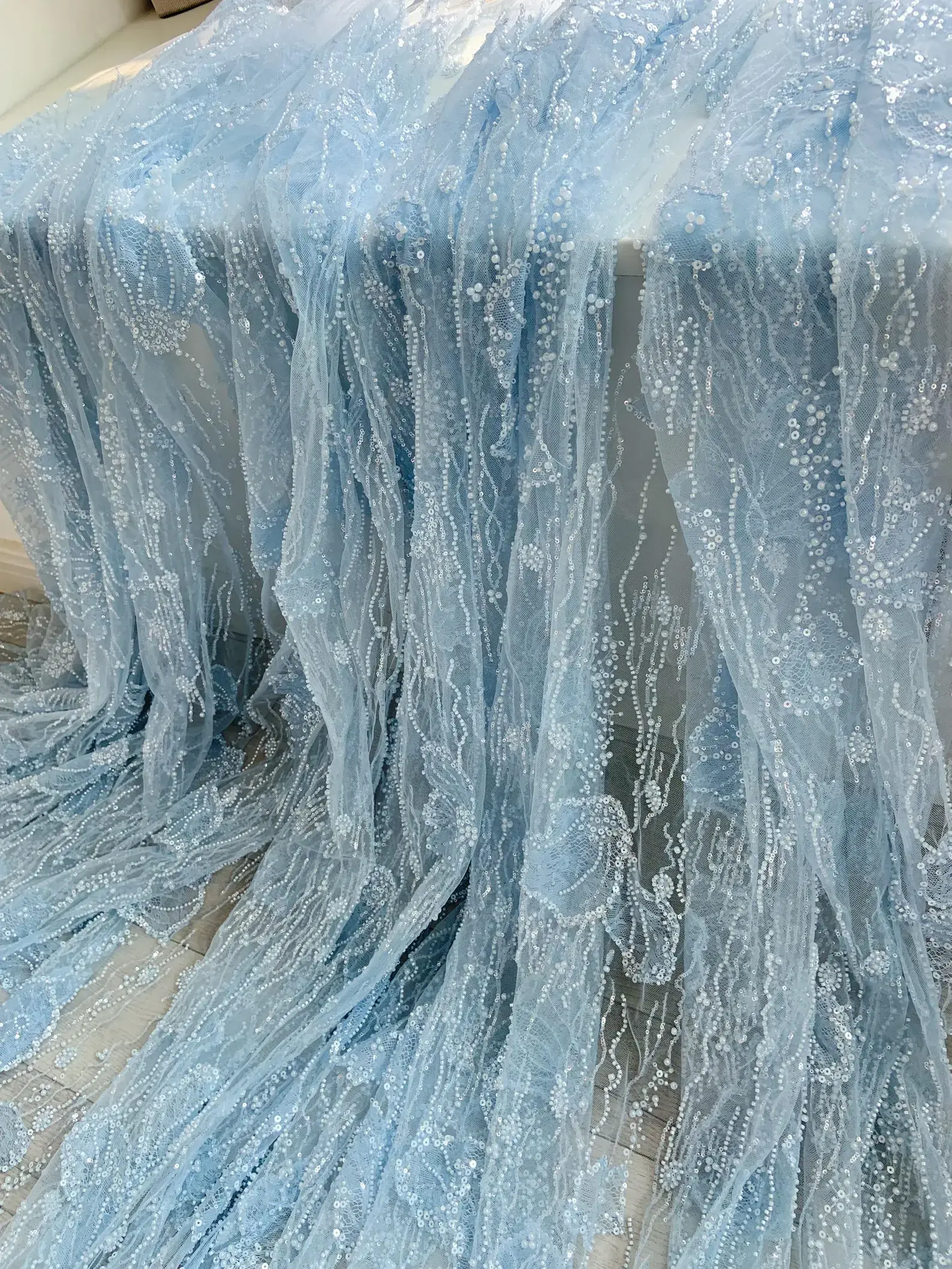 1 Yard Light Blue Bead Lace Fabric With Flowers For Dress, Heavy Bead Tulle Lace