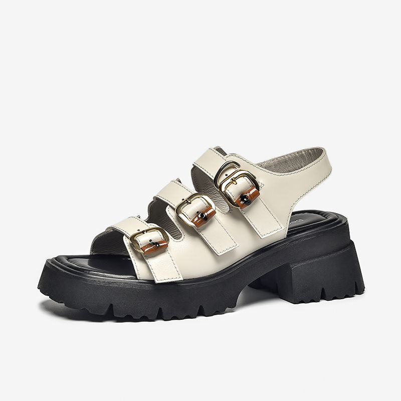 BEAUTODAY Gladiator Sandals Women Genuine Cow Leather Triple Buckle Straps Thick