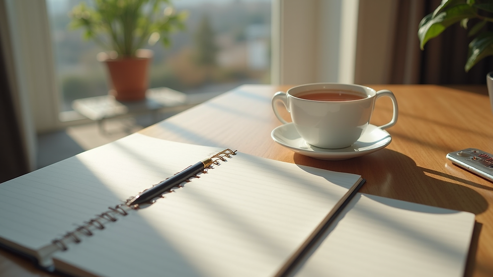 Eye-level view of a calm workspace with a notebook and a cup of tea