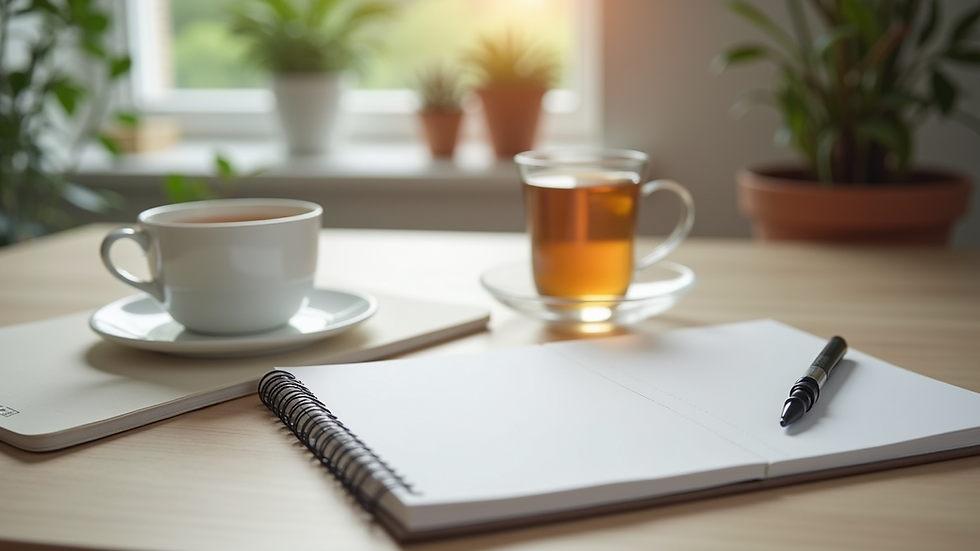 Eye-level view of a calm workspace with a notebook and a cup of tea
