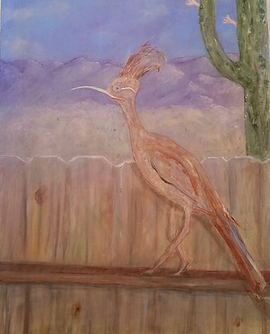Giant Crested Long Beaked Roadrunner. Roadrunner. Desert. Mountains. Saguaro Cactus. Painting by Randy Zucker.