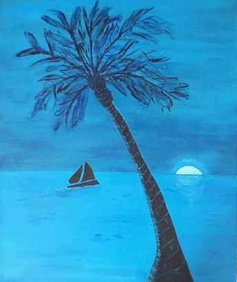 Waikiki at Sunset. Beach Palm Tree. Sailboat. Sunset. Painting by Randy Zucker