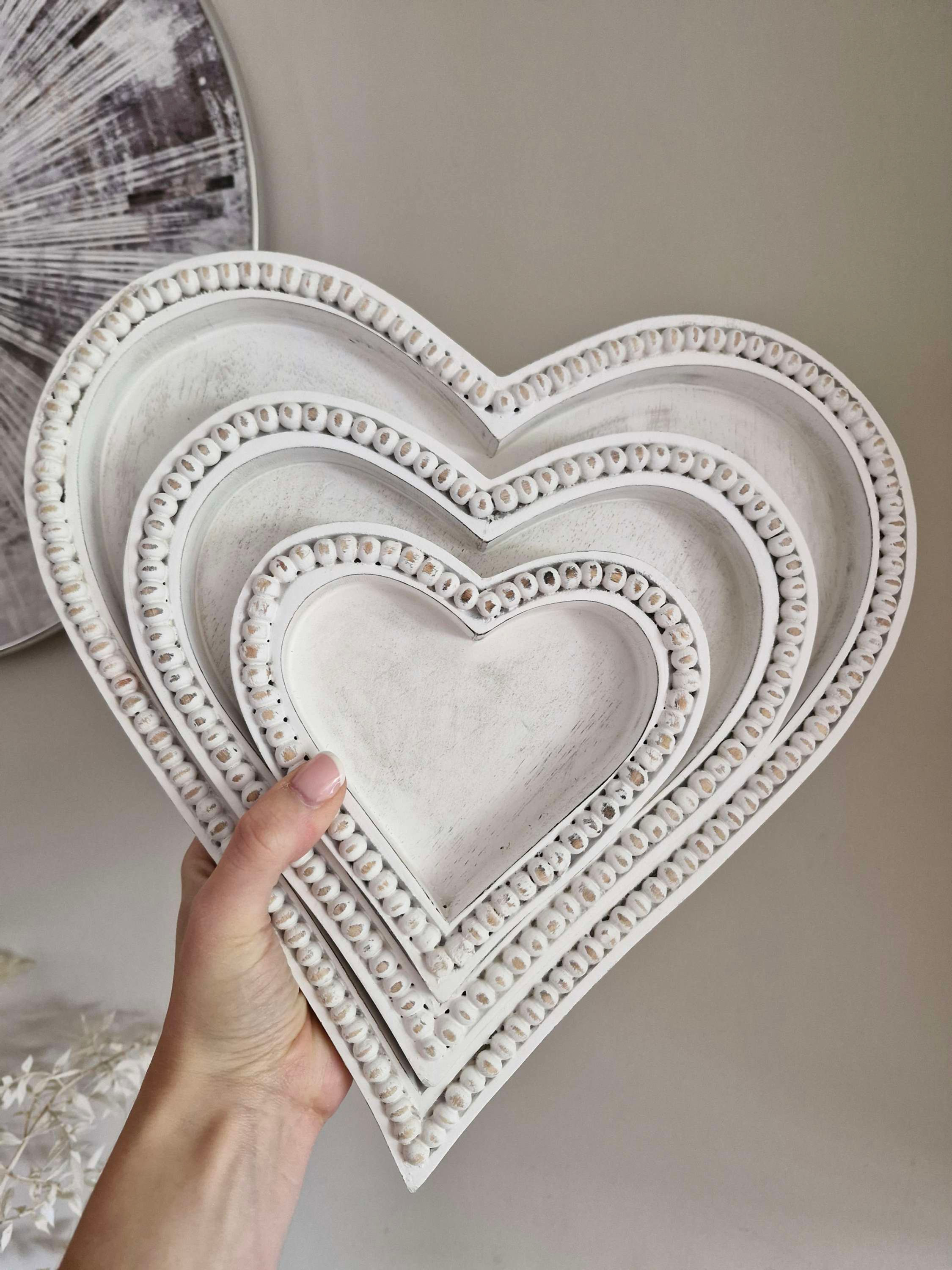Rustic White Beaded Heart Trays