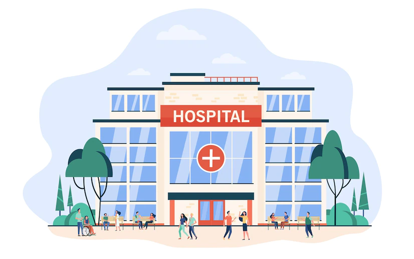 people-walking-sitting-hospital-building-city-clinic-glass-exterior-flat-vector-illustrati