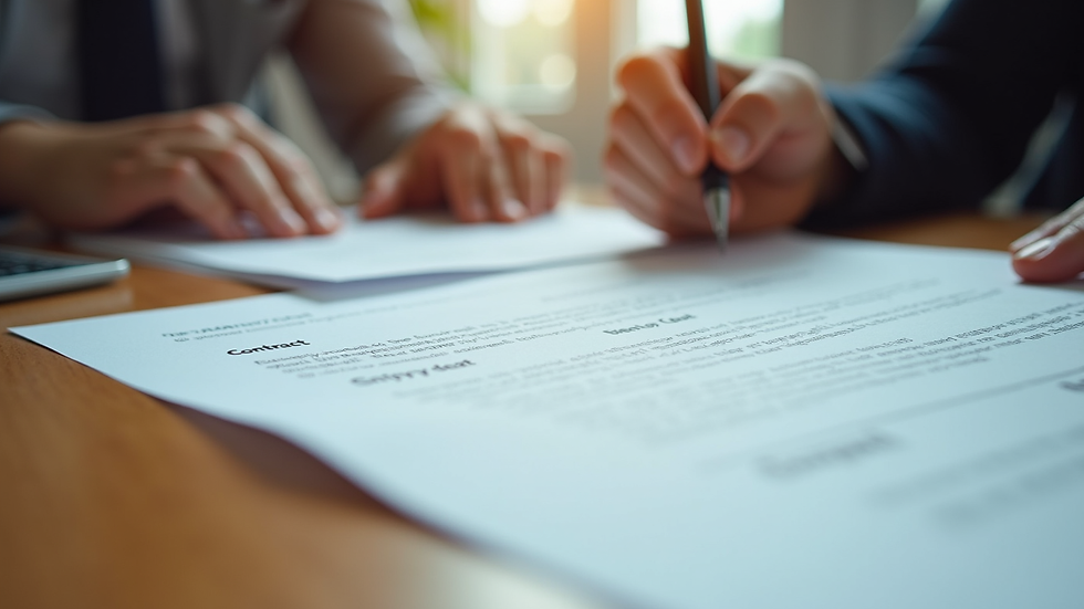 Close-up view of a contract being signed on a wooden table