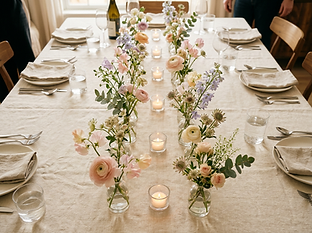 Firefly_Gemini Flash_overhead view of repeated clear bud vases with soft seasonal florals