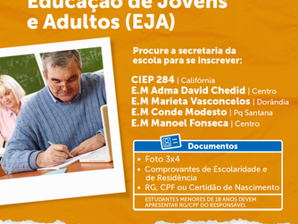 ESCOLAS DA REDE MUNICIPAL OFERECEM EJA PARA POPULAÇÃO A PARTIR DOS 15 ANOS 