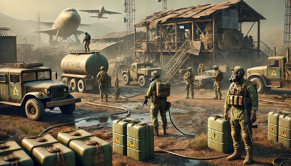 A group of soldiers at a weathered military base, surrounded by worn-down tents and old structures. Some soldiers wear protective gear as they handle large fuel containers. The area is marked by fuel spills and lingering smoke or dust, creating a tense atmosphere.