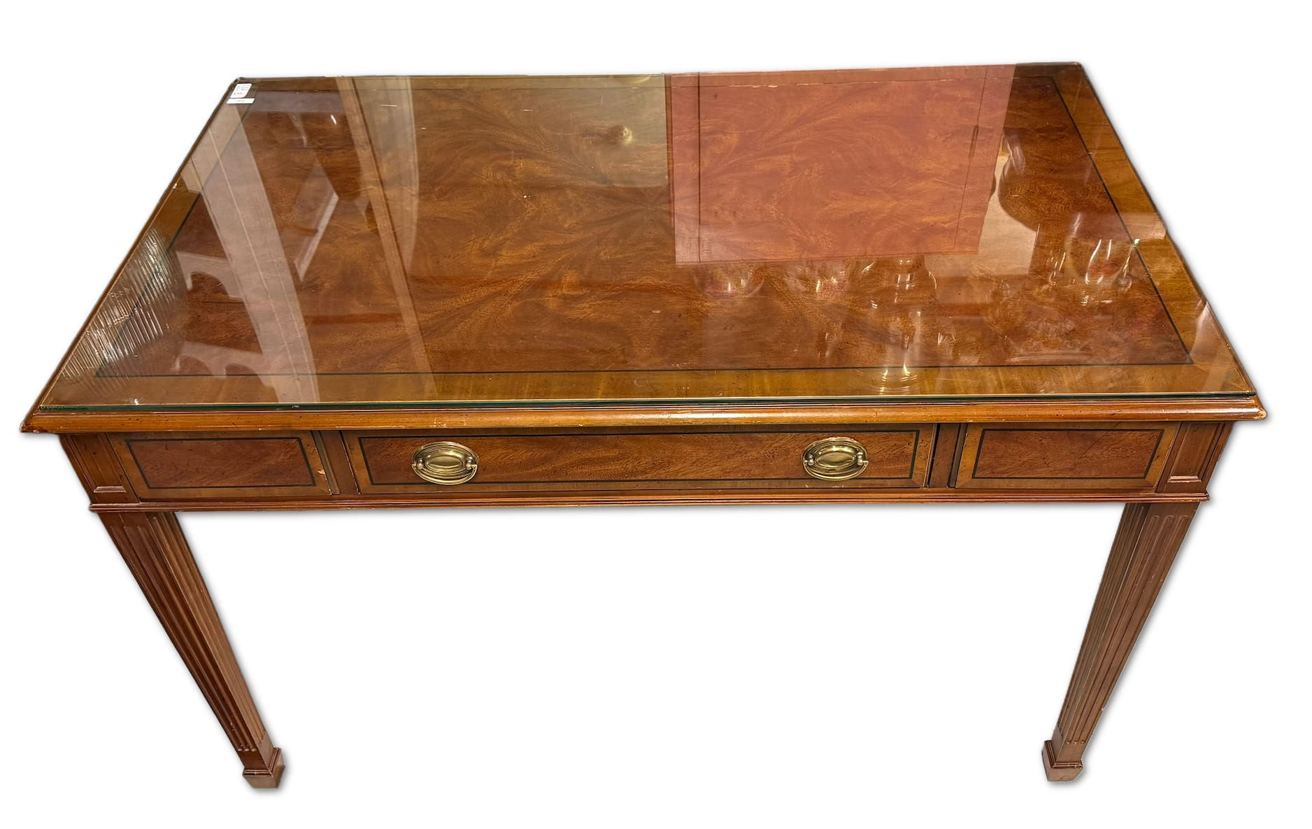 Timber Writing Desk With Brass Handles and Glass Top