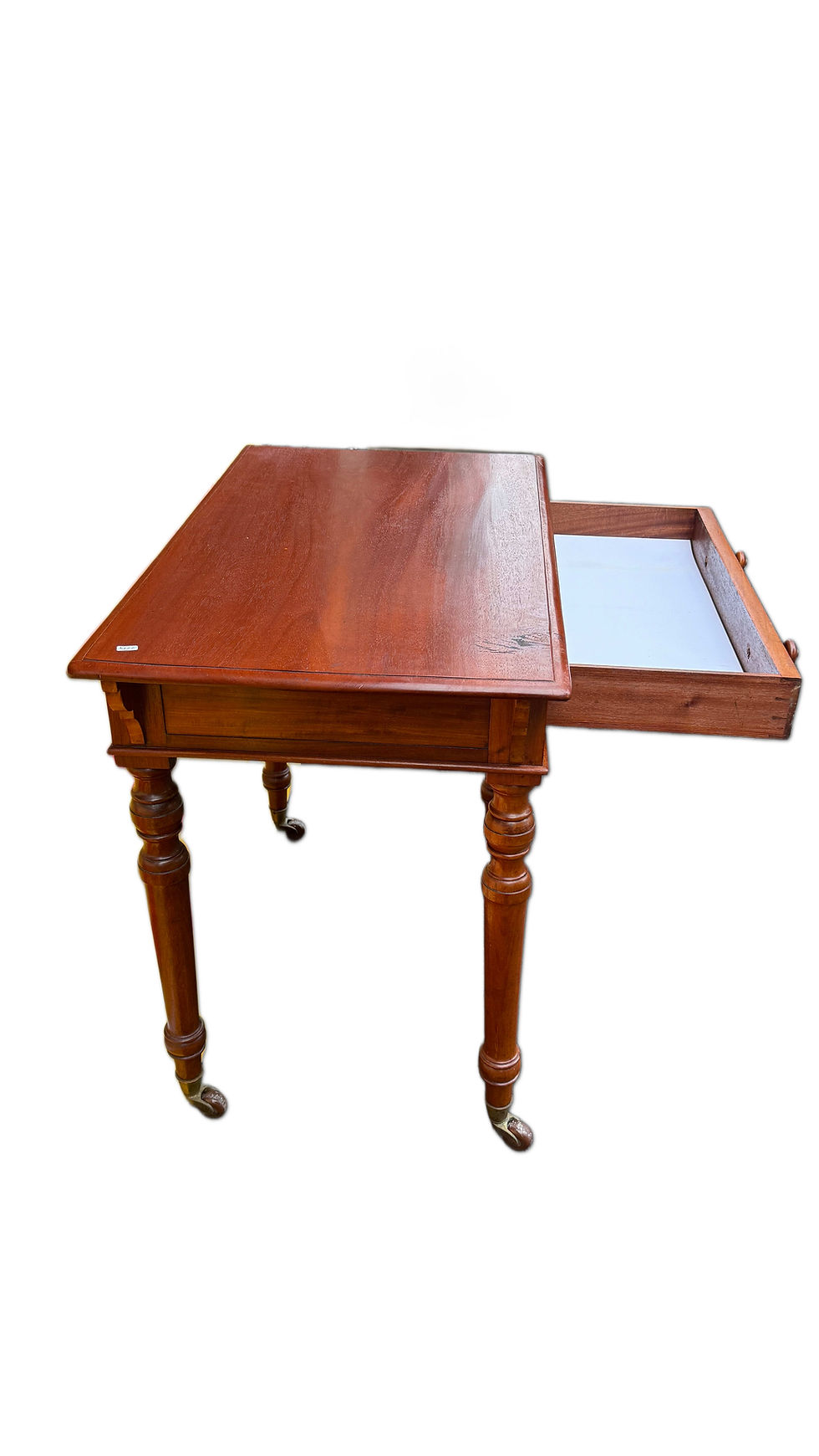 Thumbnail: Vintage Mahogany Writing Desk with Drawer & Castor Wheels