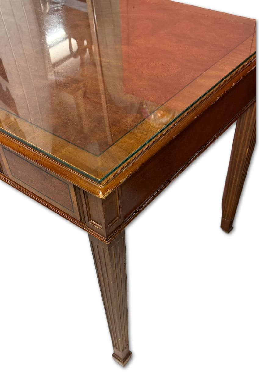 Thumbnail: Timber Writing Desk With Brass Handles and Glass Top