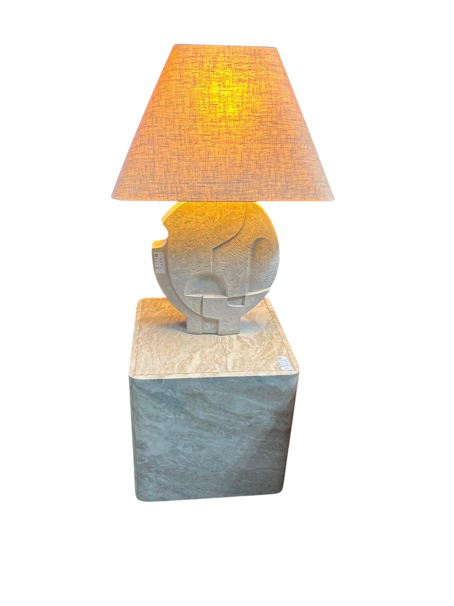 Vintage Postmodern Travertine-Style Cube Side Table & Lamp set