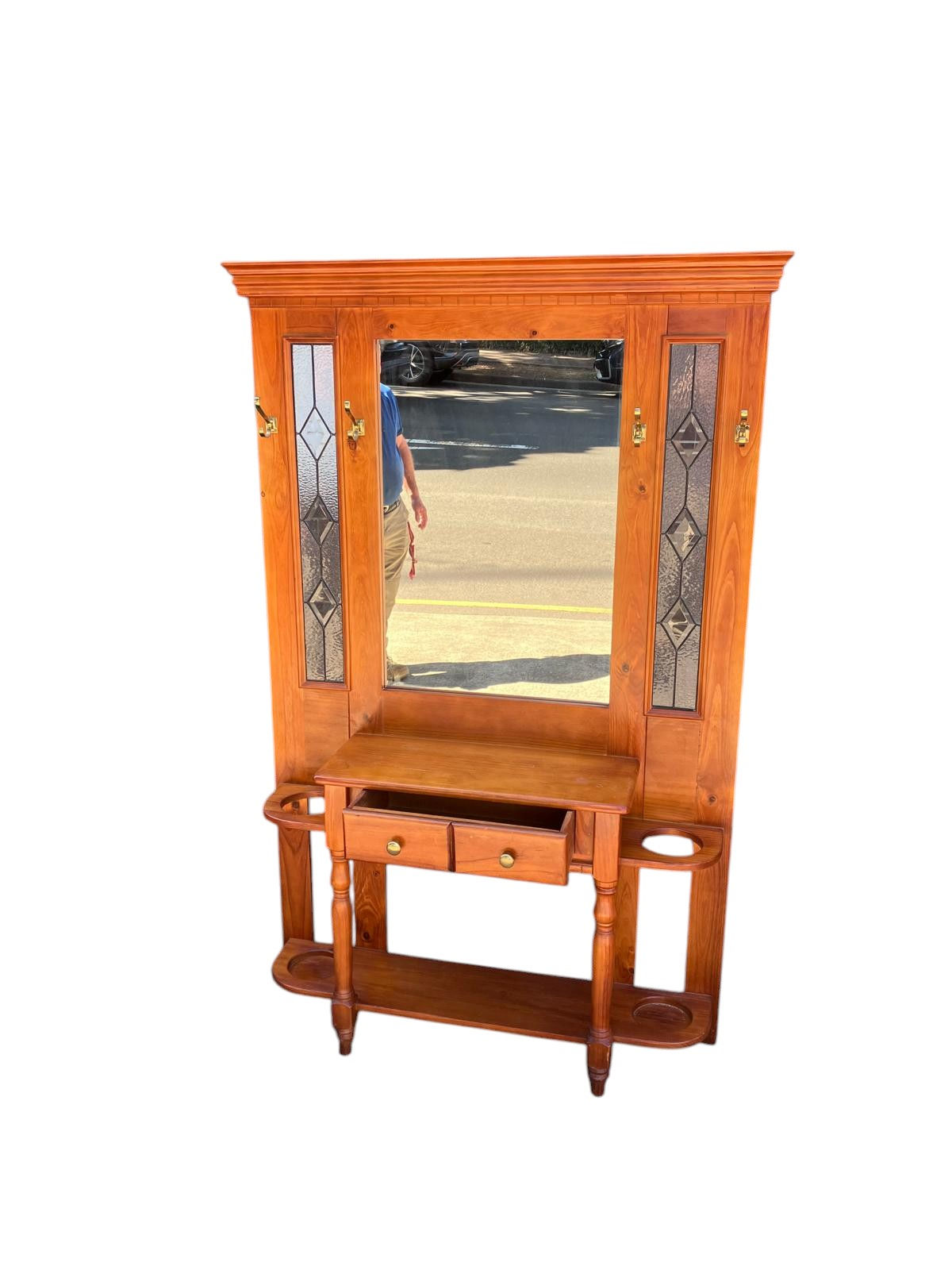 Pine hall stand with decorative leadlight