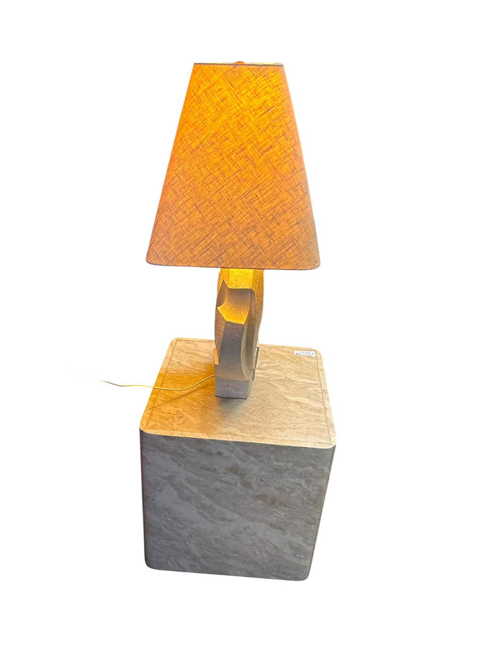 Thumbnail: Vintage Postmodern Travertine-Style Cube Side Table & Lamp set