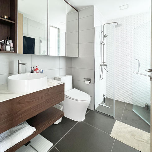 condominium bathroom in hotel style with mirror cabinet, display area, vanity in dark wood