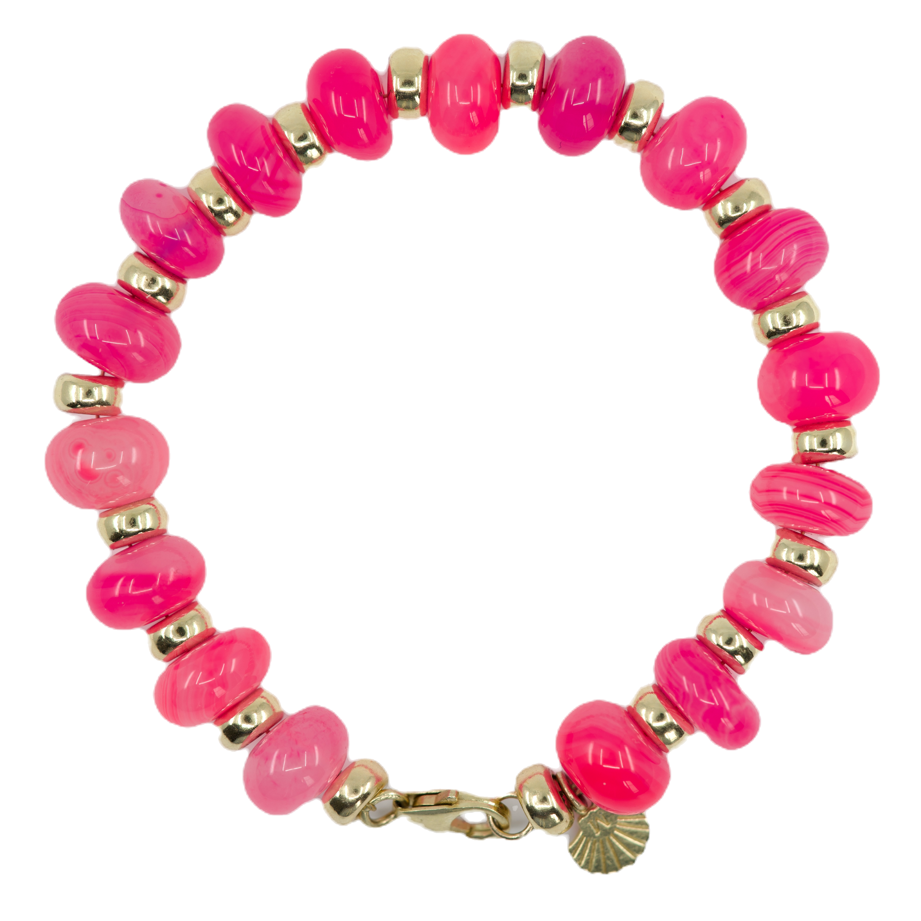 Pink beaded bracelet with multiple beads. La Reina Esmeralda is the design.