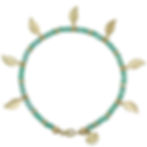 top view, close up white background shot of bracelet with vibrant emerald beads and multiple dangling gold leaf charms