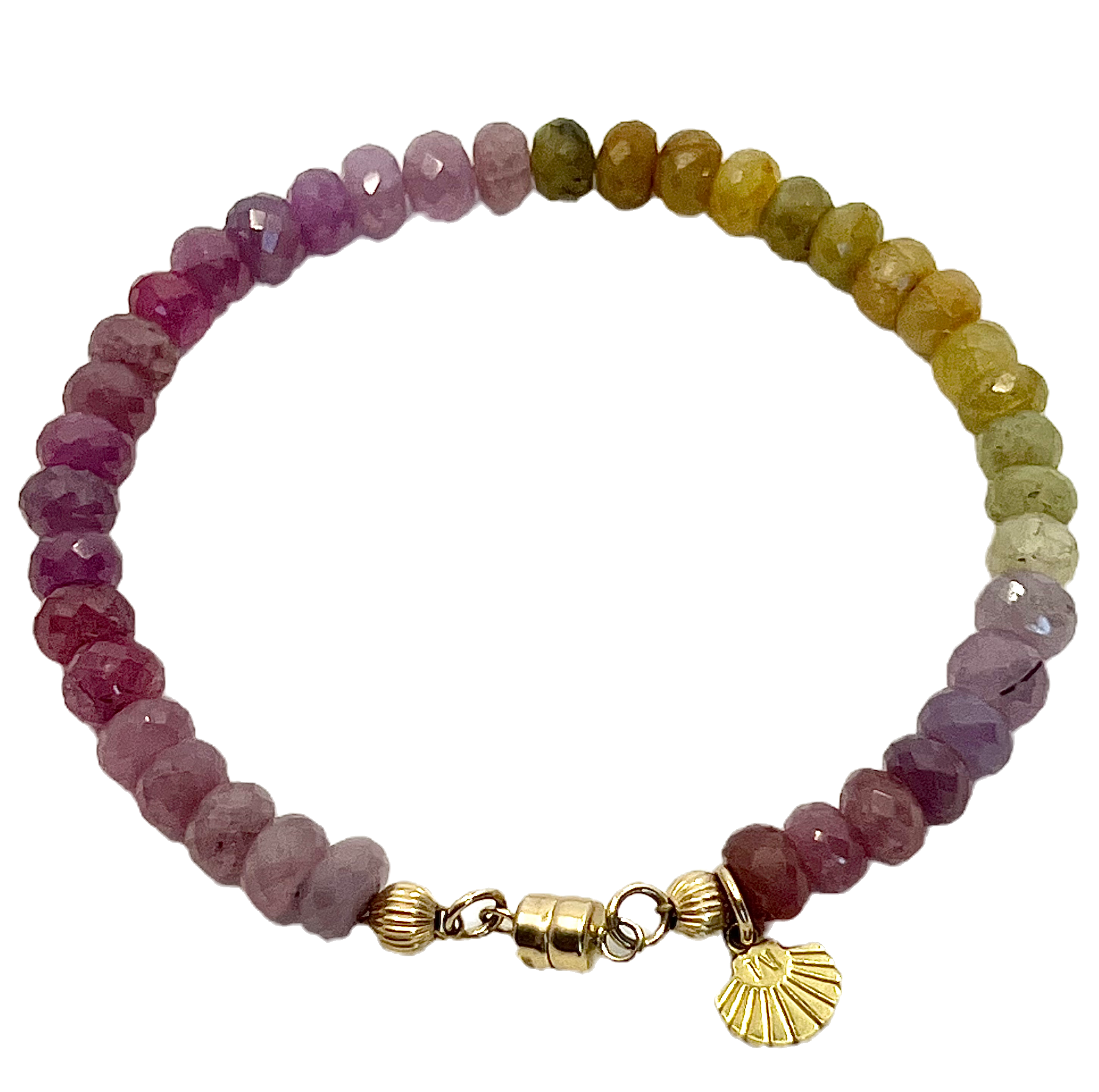 Colorful gemstone bracelet against a black background with a gold clasp and charm.