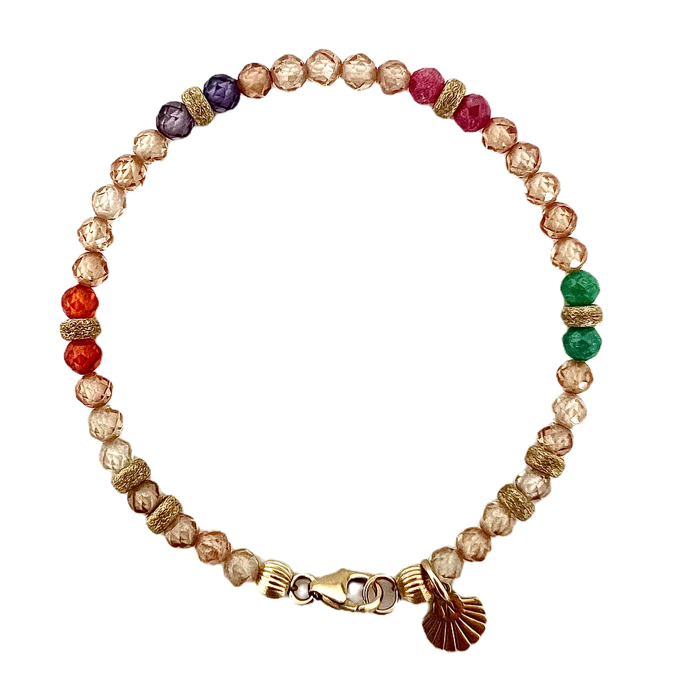 Elegant gemstone necklace with various colors, La Reina Esmeralda, on black background.