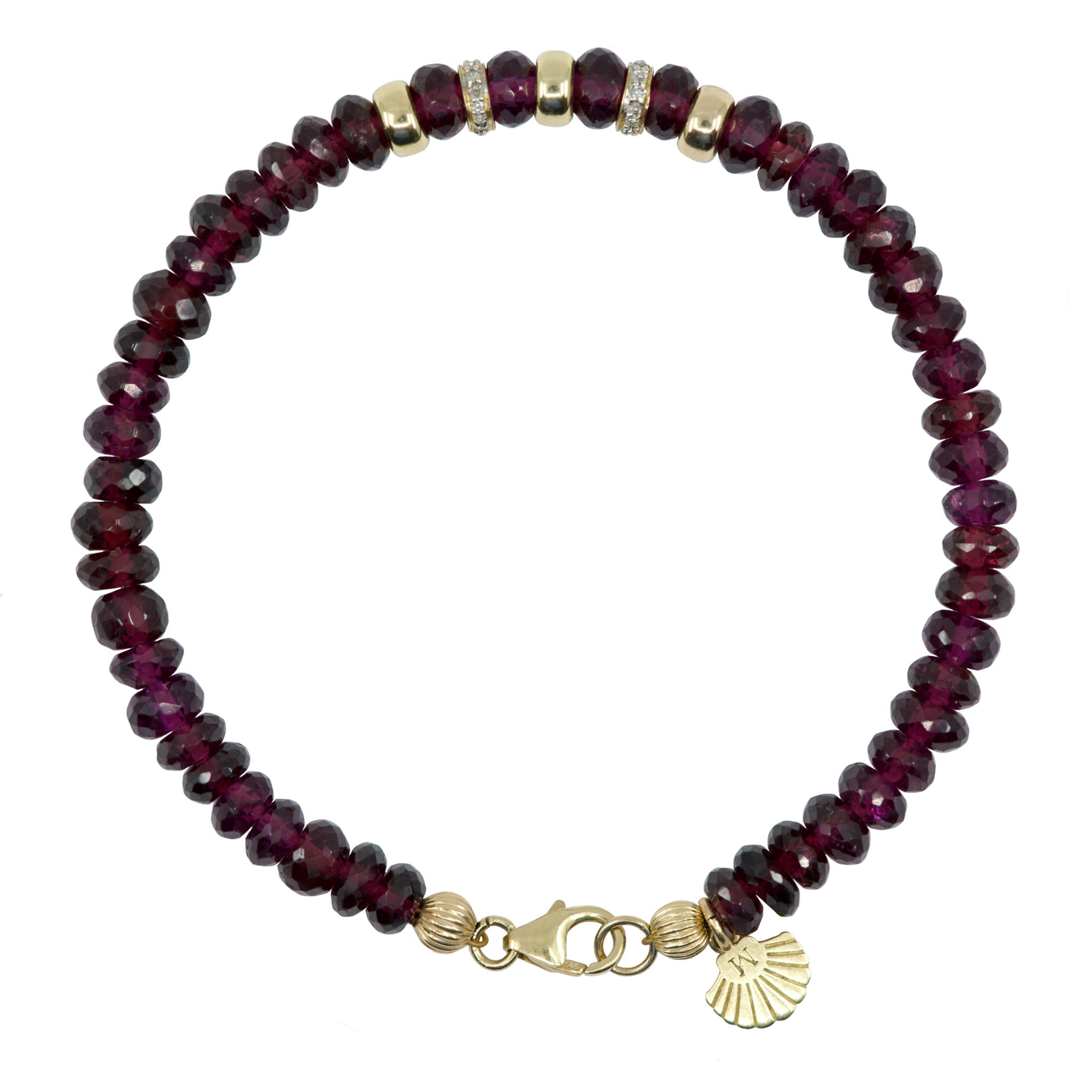 Elegant bracelet featuring 5mm faceted deep red garnet beads, a central 14K gold strip with white diamonds, white background