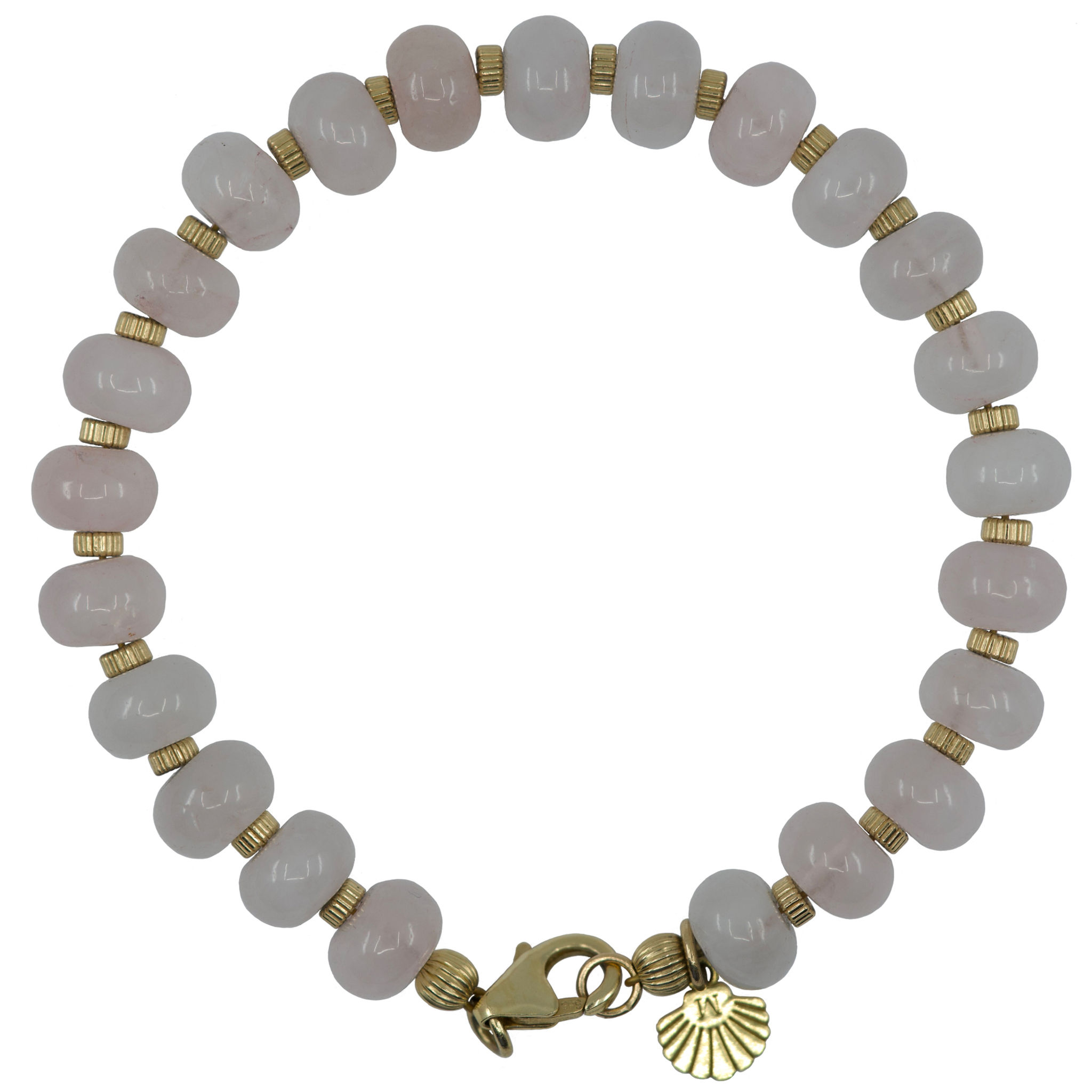 White background, top view, close up shot of a bracelet with large, smooth 8mm pale pink rose quartz beads and gold spacers.
