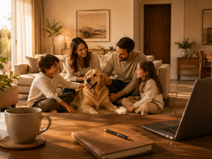 Uma familia feliz, quatro pessoas em uma sala confortável em seu AIBNB!