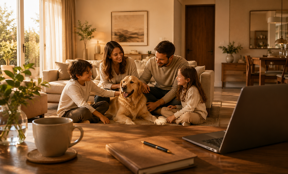 Uma familia feliz, quatro pessoas em uma sala confortável em seu AIBNB!