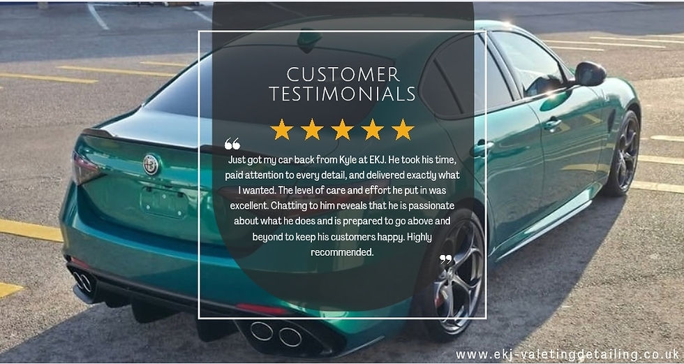 Teal car parked in a lot with 5-star customer testimonial overlay praising detailed service. Text: "EKJ Valeting Detailing."