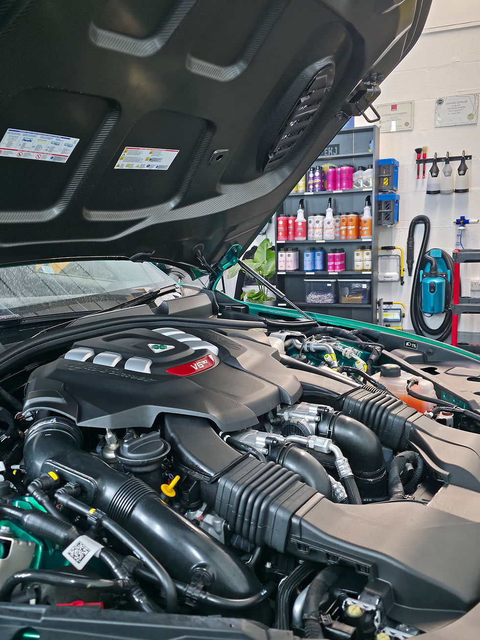 Alfa Romeo Engine bay clean in a well light garage where a shelve is displaying car detailing products