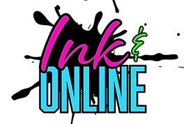 Logo with the words "Ink & Online" on a black background. "Ink" is written in large, pink cursive letters, the ampersand "&" is in bright green, and "ONLINE" is in bold, uppercase light blue block letters. The design combines vibrant colors and modern typography, suggesting a creative digital or print-related brand.