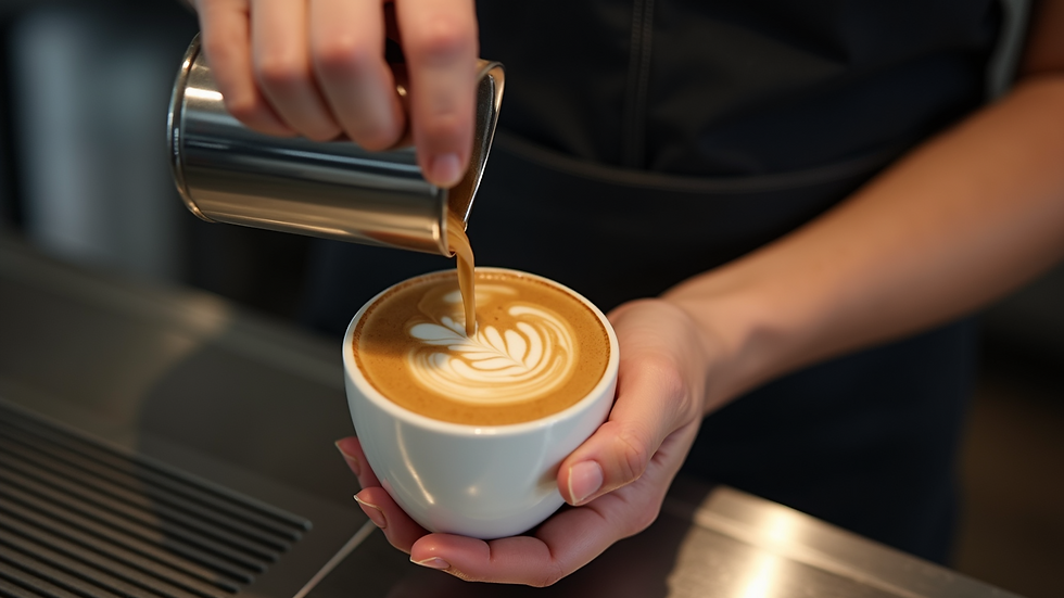 Close-up view of a barista pouring latte art into a cup