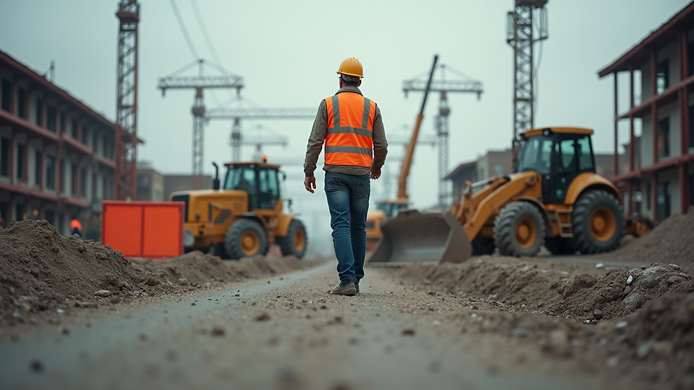 Eye-level view of a construction site with workers and machinery