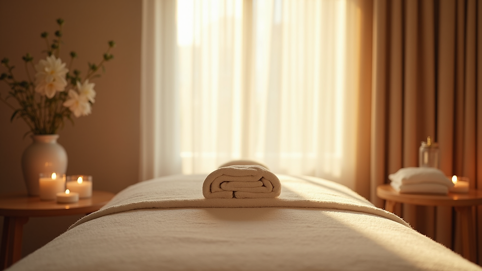 Eye-level view of massage room setup with calming natural light