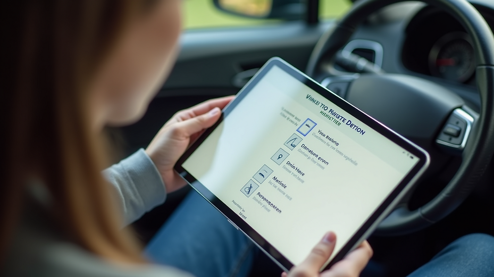 Close-up view of a tablet showing a driving test practice quiz