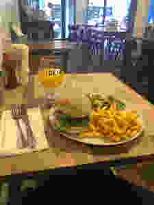 NYC burger with mustard mayo chips and salad from Teacup Kitchen in Manchester's Northern Quarter.