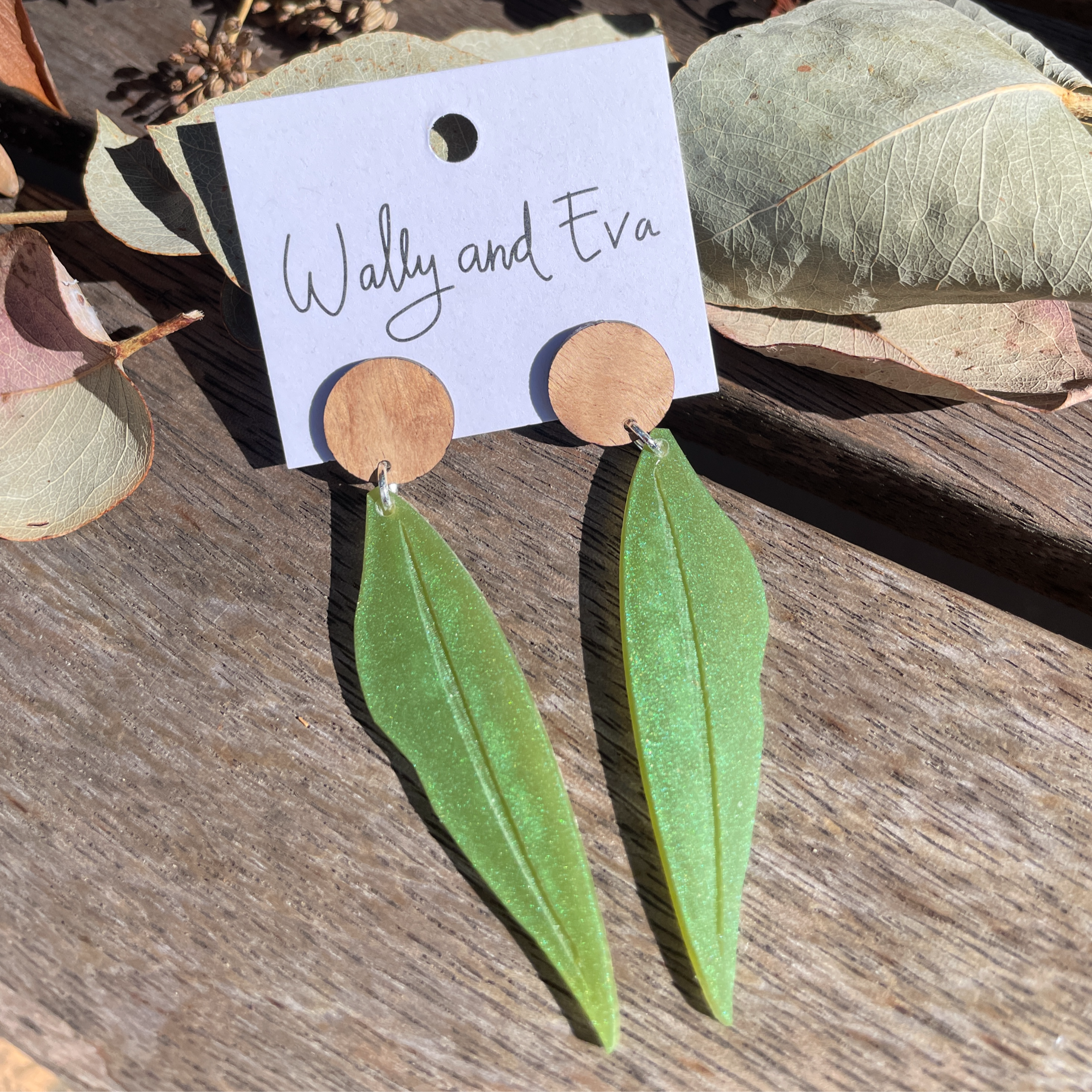 Eucalyptus Leaf Earrings - Natural Green Metallic