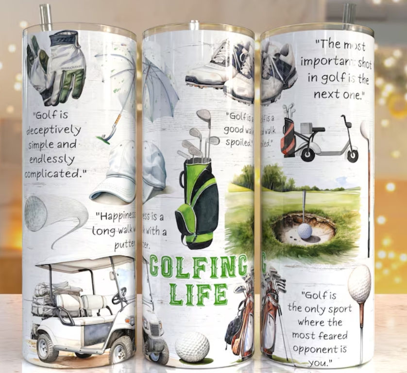 Golf themed metal skinny drinks hot and cold tumbler with straw