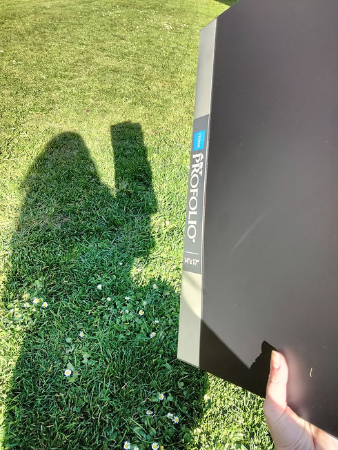 Shadow of a person holding a portfolio, appearing to be reading a book