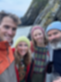 Callum and Hannah Mary, co-founders of Haar Sauna, with Jules and Gregg from the BBC Wild Swim series, celebrating wild swimming, outdoor wellness, and contrast therapy in Shetland.