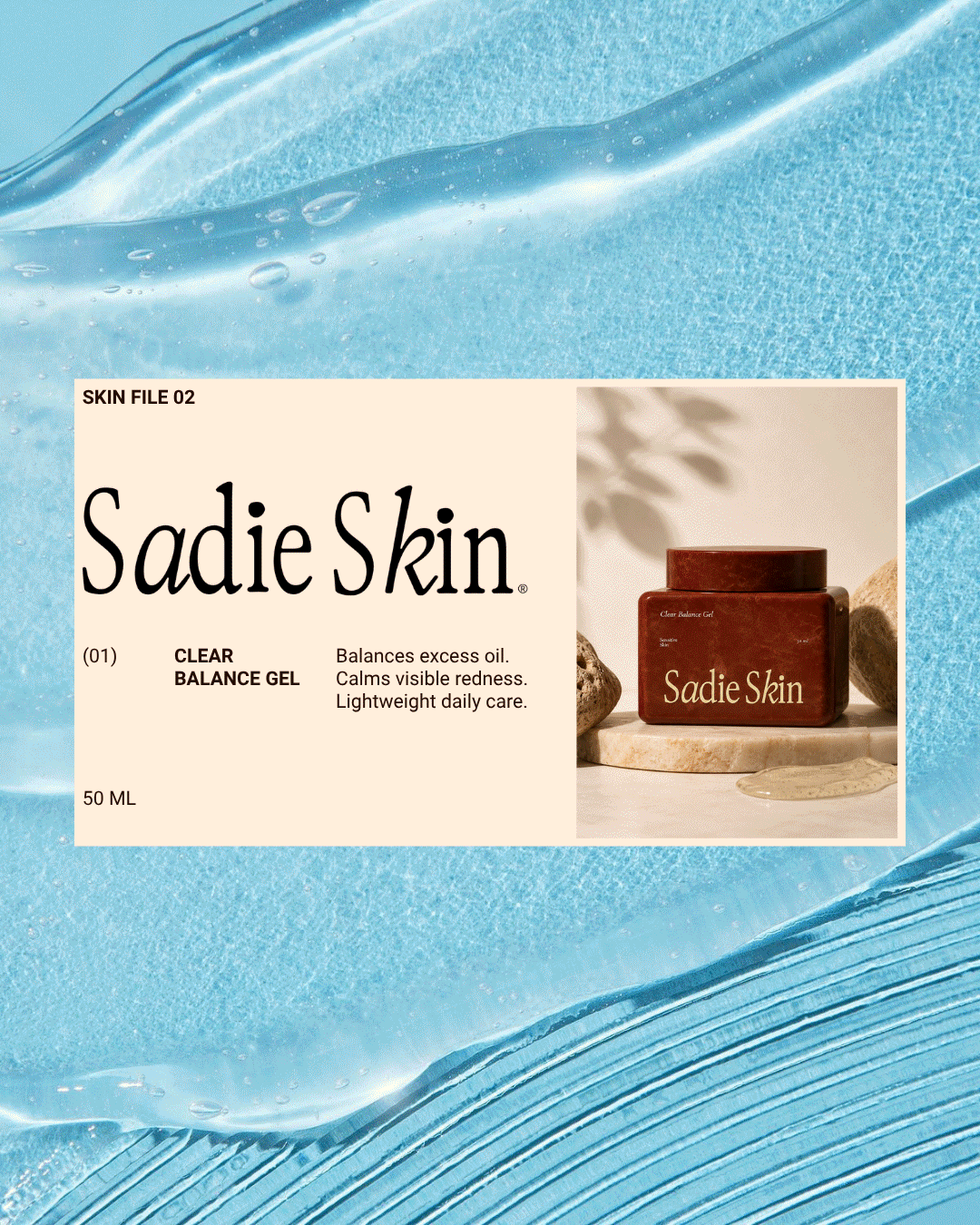 Sadie Skin skincare branding and packaging system showcasing skincare products, edible skincare gummies, retail packaging, and visual identity