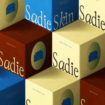 Sadie Skin skincare packaging system showing Clear Balance Gel, Golden Veil Cream and Barrier Repair Cream