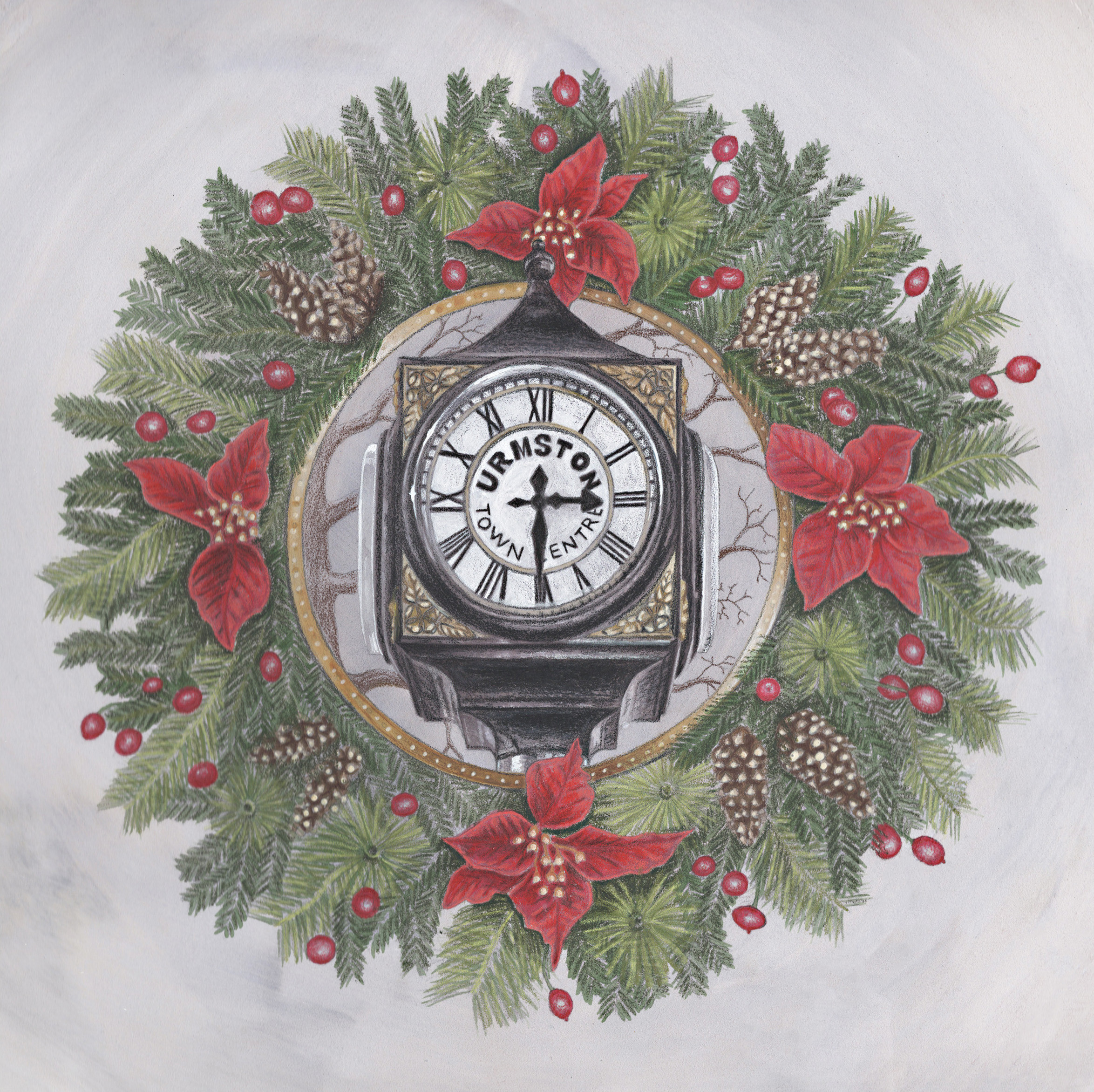 Urmston Clock Wreath Christmas Card - Single