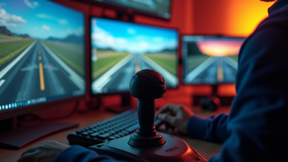Eye-level view of a home flight simulator setup with joystick and multiple monitors